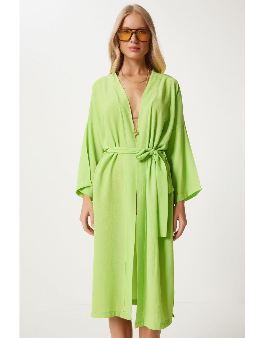 Women's Pistachio Green Belted Crinkle Viscose Kimono
