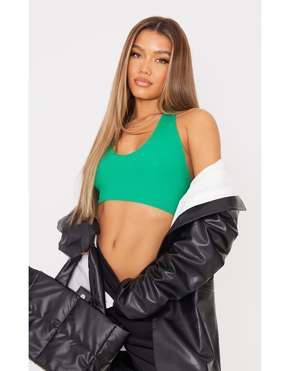 Green Ribbed Halterneck Crop Top