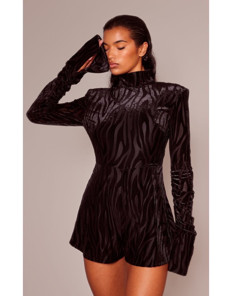 Shop Black Zebra Velvet Devore High Neck Long Sleeve Playsuit Online in Oman VogaCloset