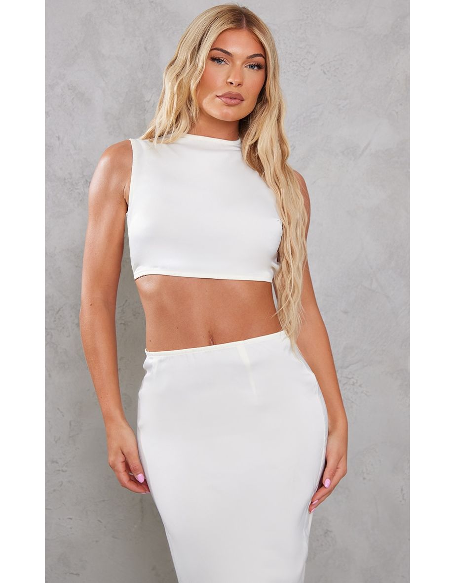 Cream Satin Tie Waist Open Back Crop Top