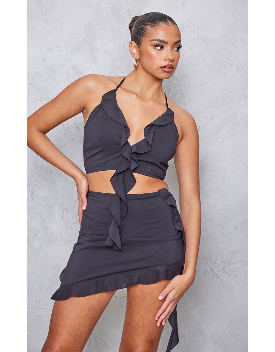 Black Woven Ruffle Front Halterneck Top