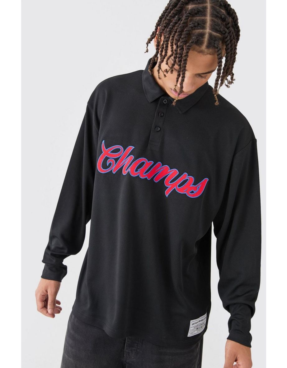 Oversized Champs Varsity Mesh Rugby Polo - black