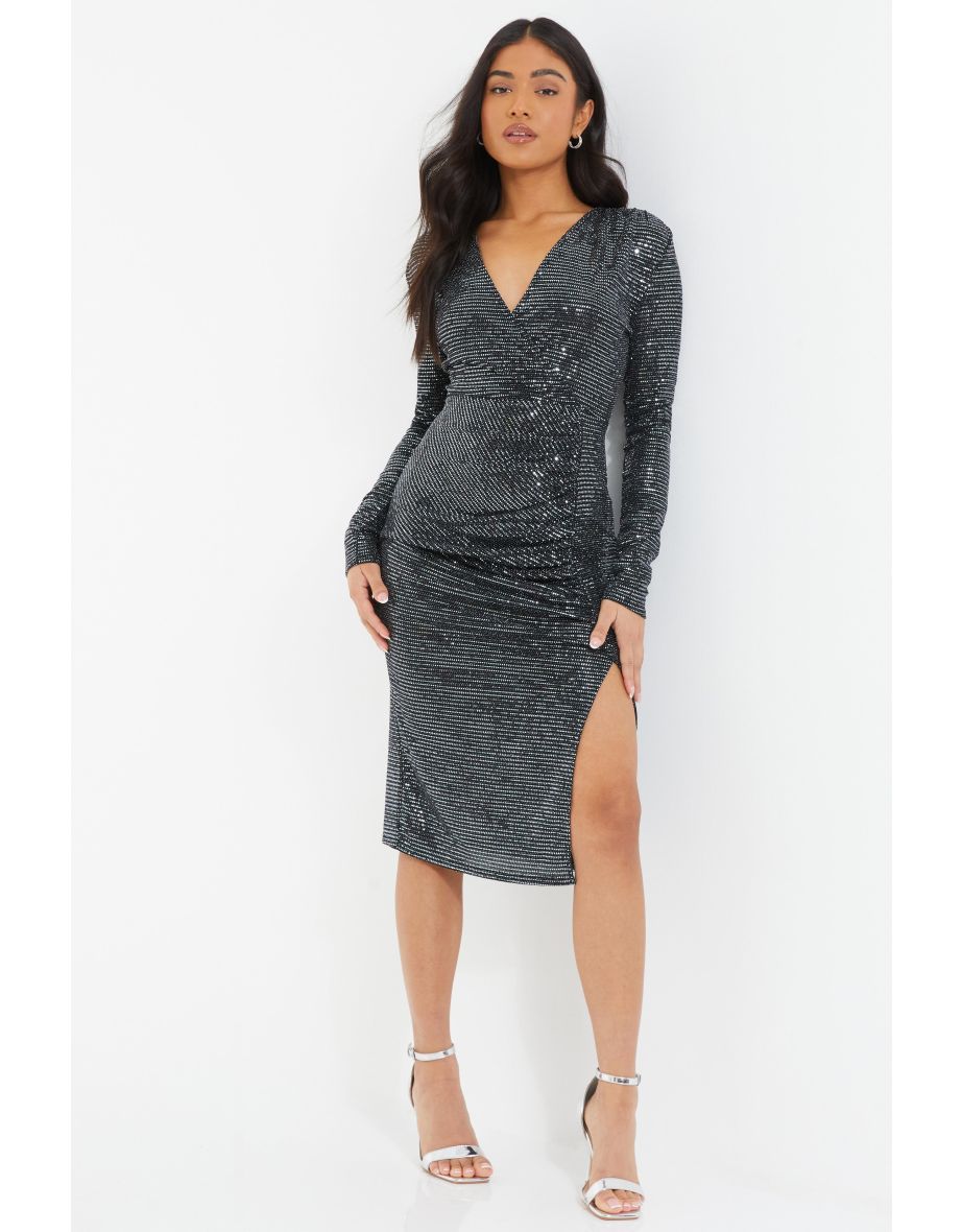 Petite Grey Sequin Wrap Midi Dress