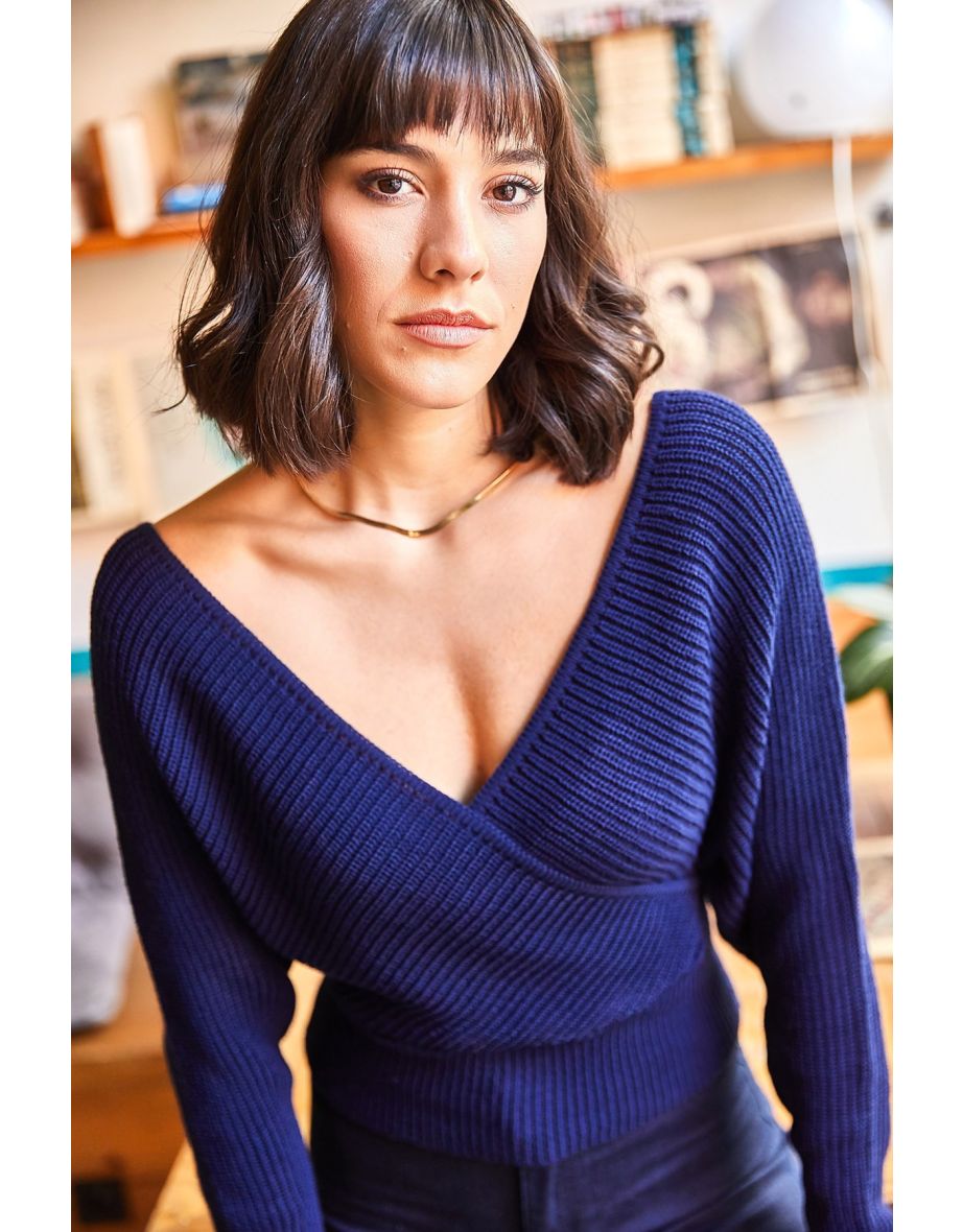 Women's Navy Blue Front Back Double Breasted Above Waist Crop Knitwear Sweater