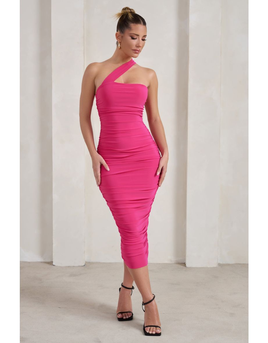 Connie | Hot Pink Ruched Asymmetric Neckline Midi Dress