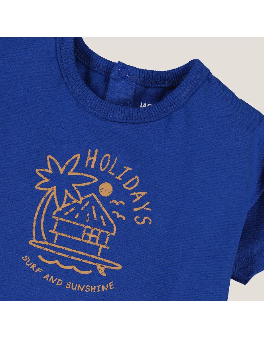 Cotton Crew Neck T-Shirt with Beach Hut and Palm Tree Print - 4