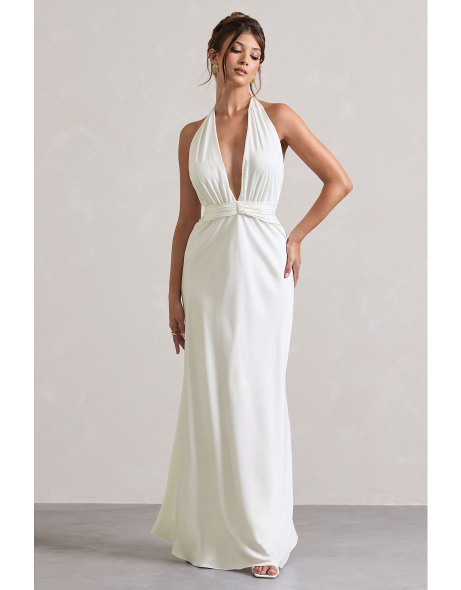 Carolyn | Ivory Satin Plunge Floor Dress With Dipped Hem - 5