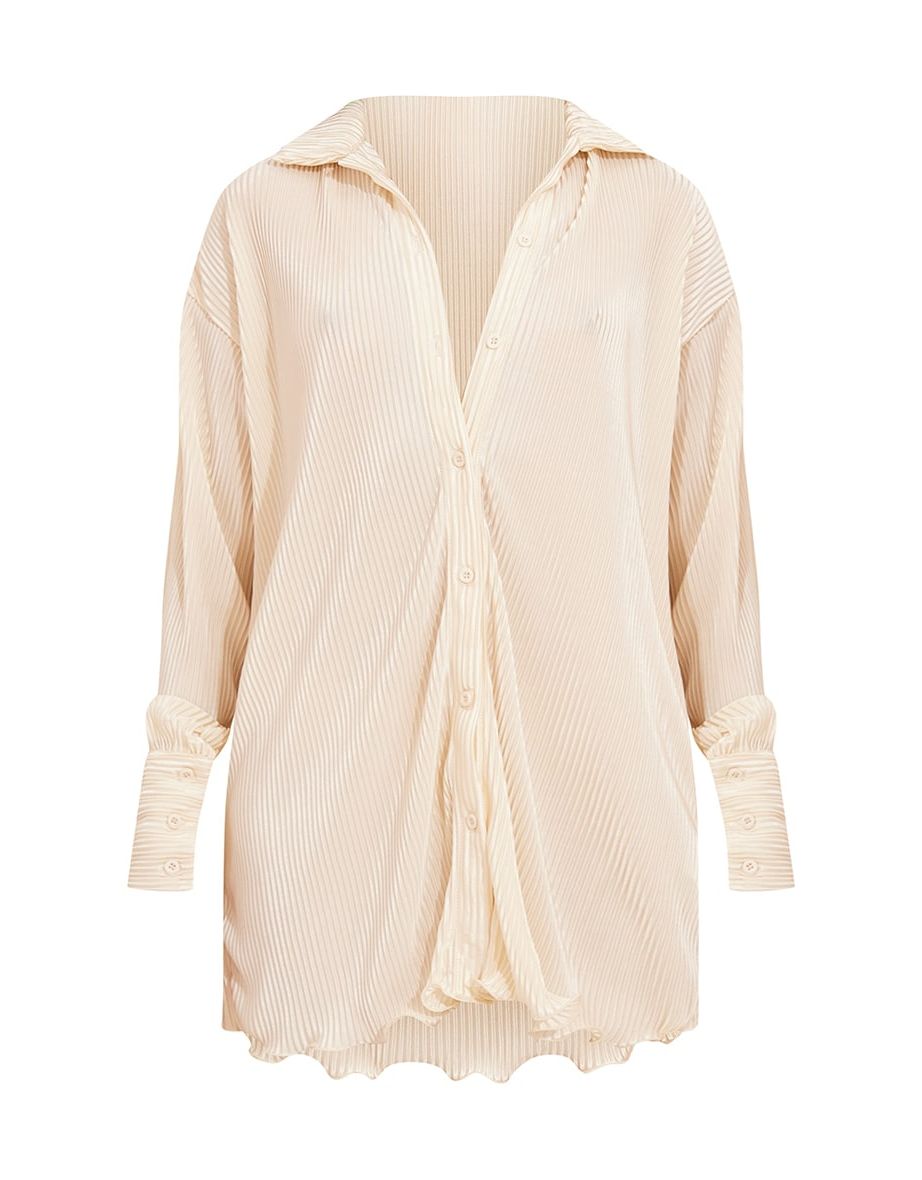 Cream Plisse Frill Hem Shirt Dress - 4