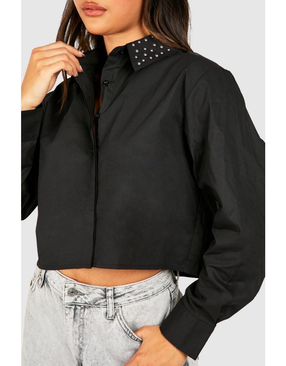 Studded Collar Poplin Shirt - black - 3