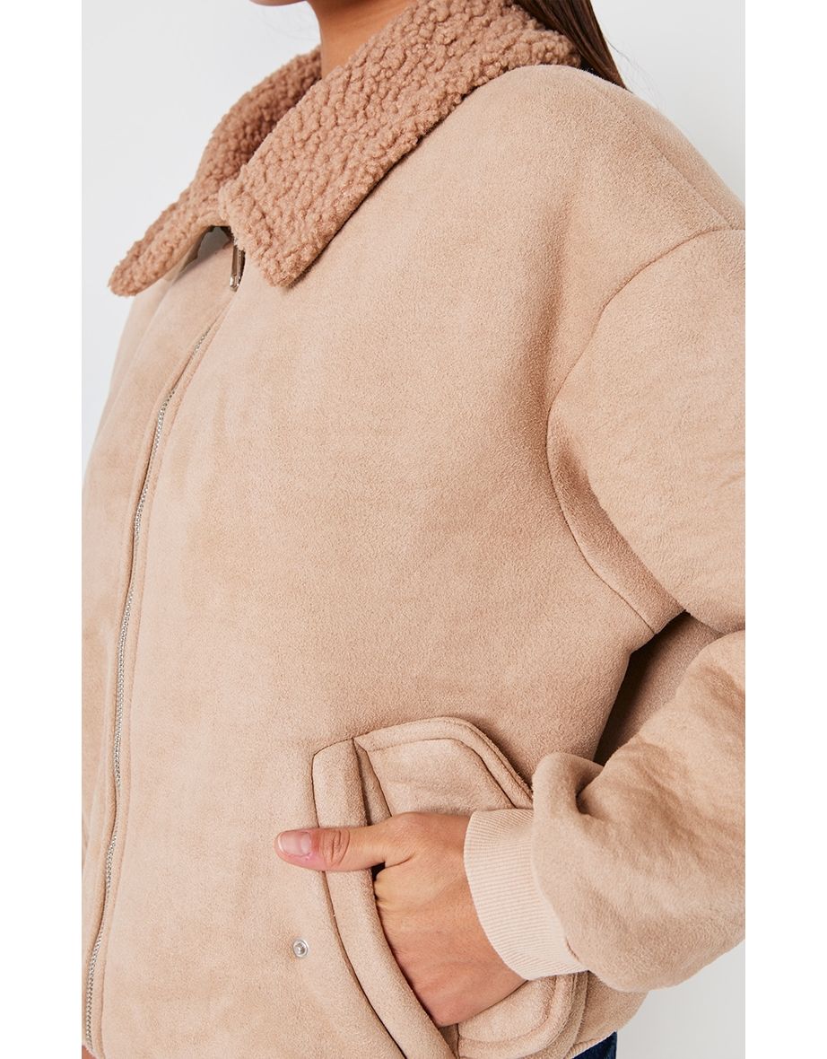 Brown Borg Faux Suede Bomber Jacket - 3