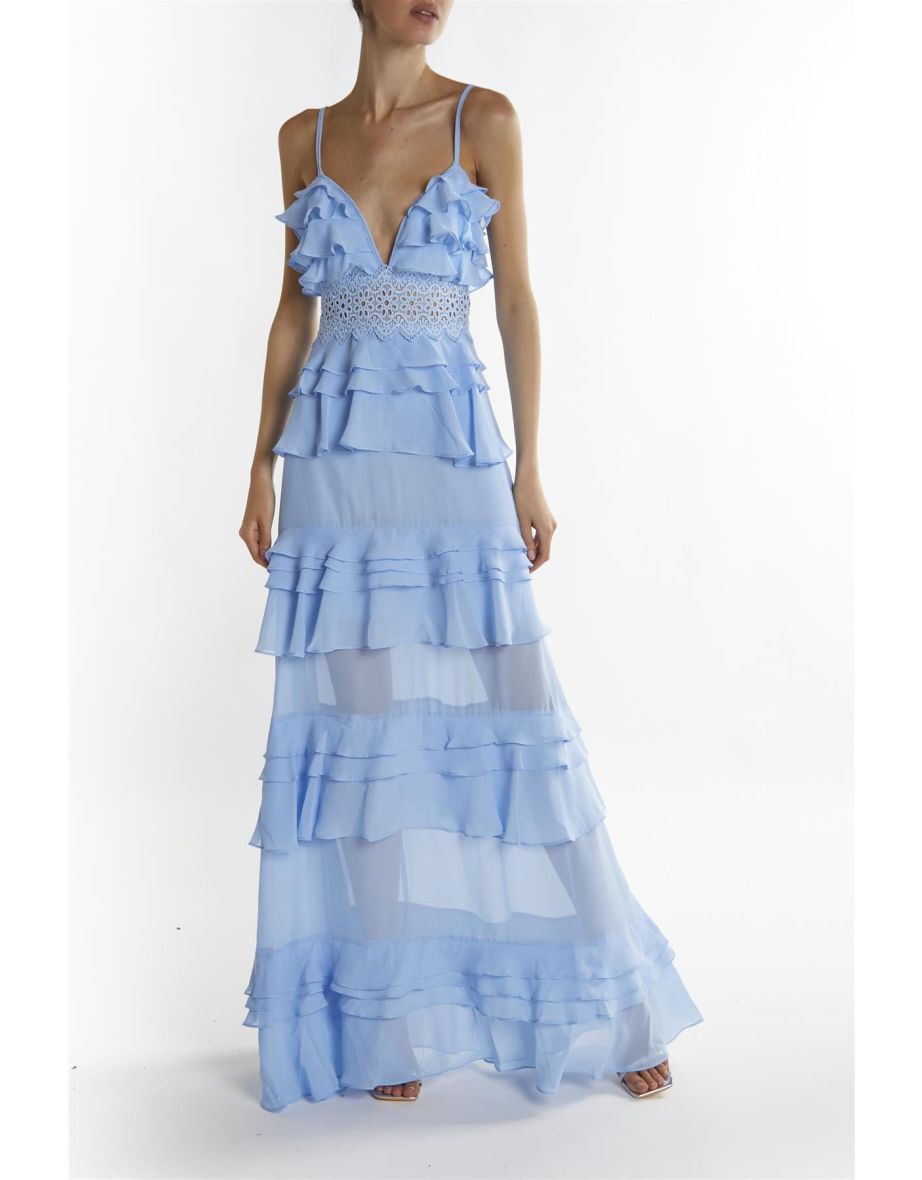 Sky-Blue Sophia Plunge Front Tiered Ruffle Maxi-Dress - 2