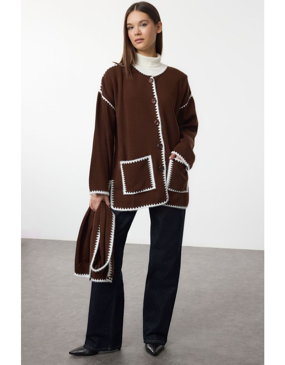 Brown Soft Texture Wide Pattern Scarf Beard Detailed Knitwear Cardigan