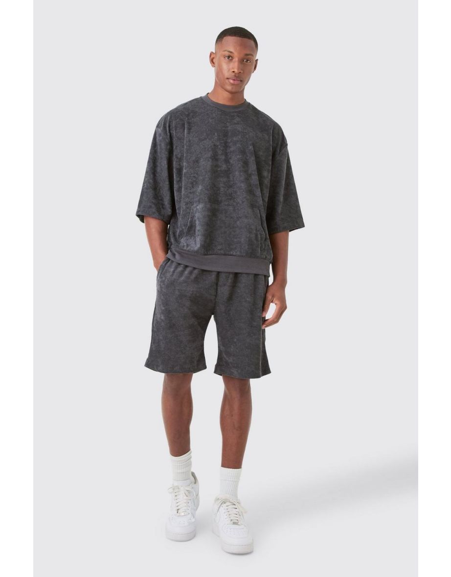 Short Sleeve Oversized Boxy Towelling Sweat Short Tracksuit - charcoal