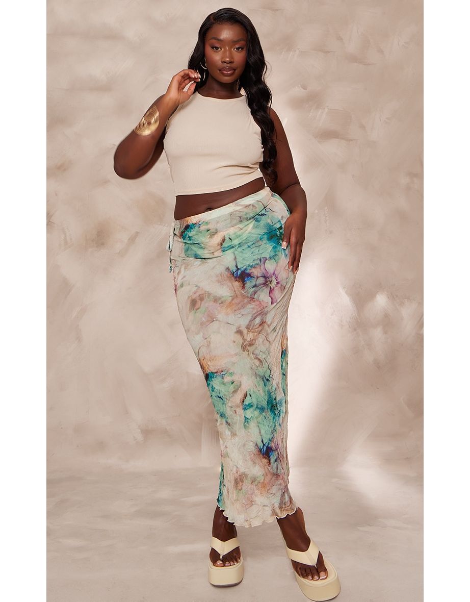 Plus Blue Tie Dye Print Crinkle Maxi Skirt