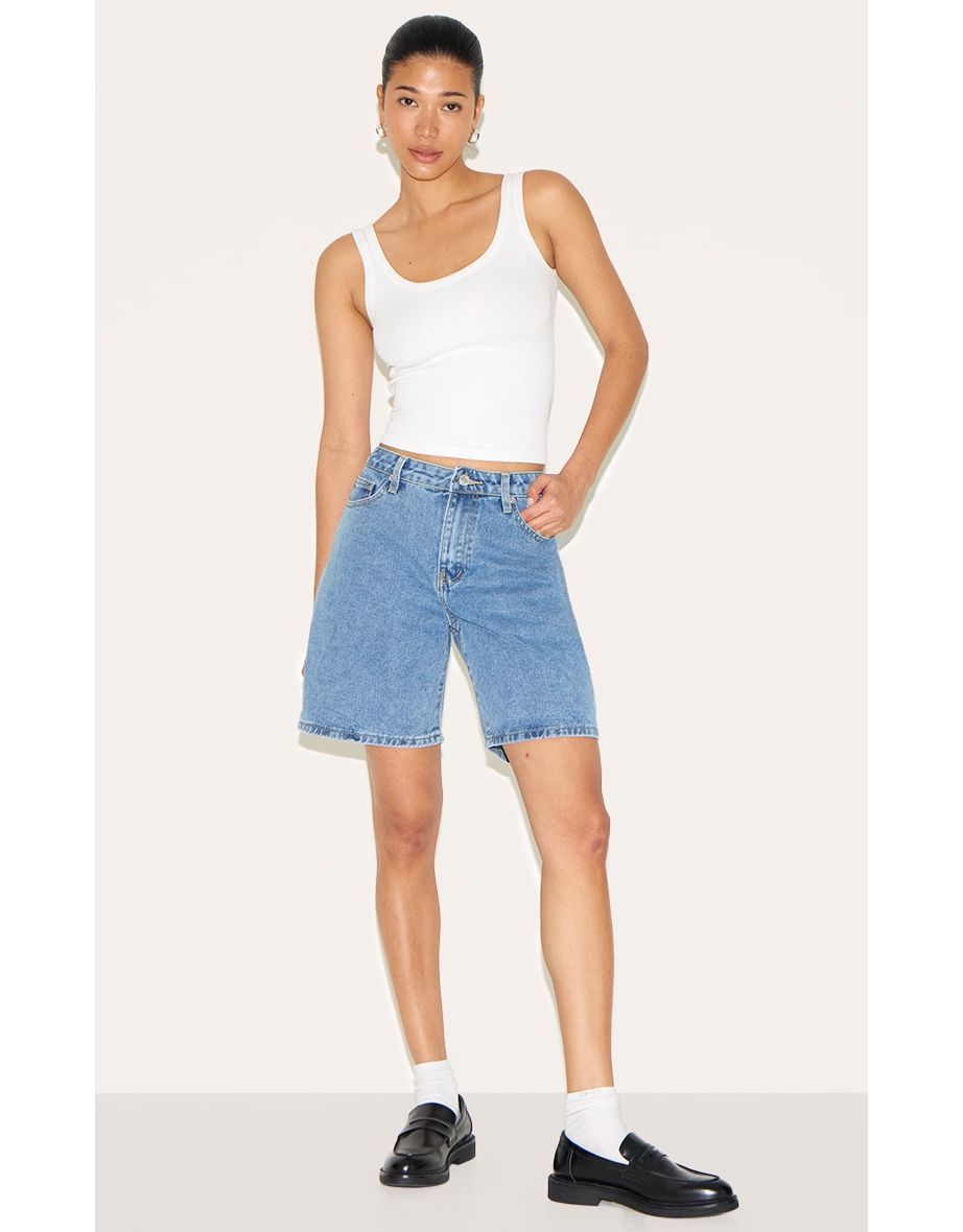 Mid Blue Wash Low Rise Baggy Boyfriend Shorts