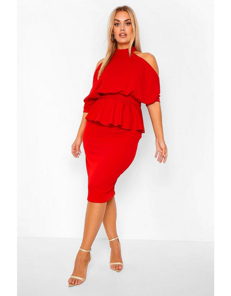 Plus Open Shoulder Peplum Midi Dress - red