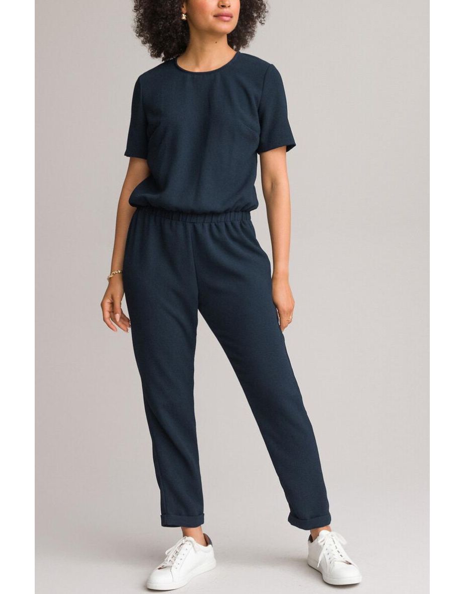 Textured Short Sleeve Jumpsuit, Length 26.5"