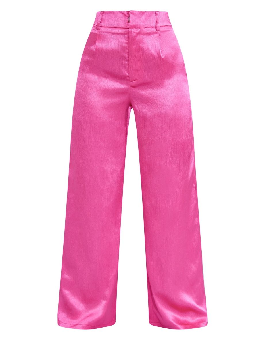 Petite Hot Pink Oversized Satin Feather Cuff Detail Suit Trouser - 4