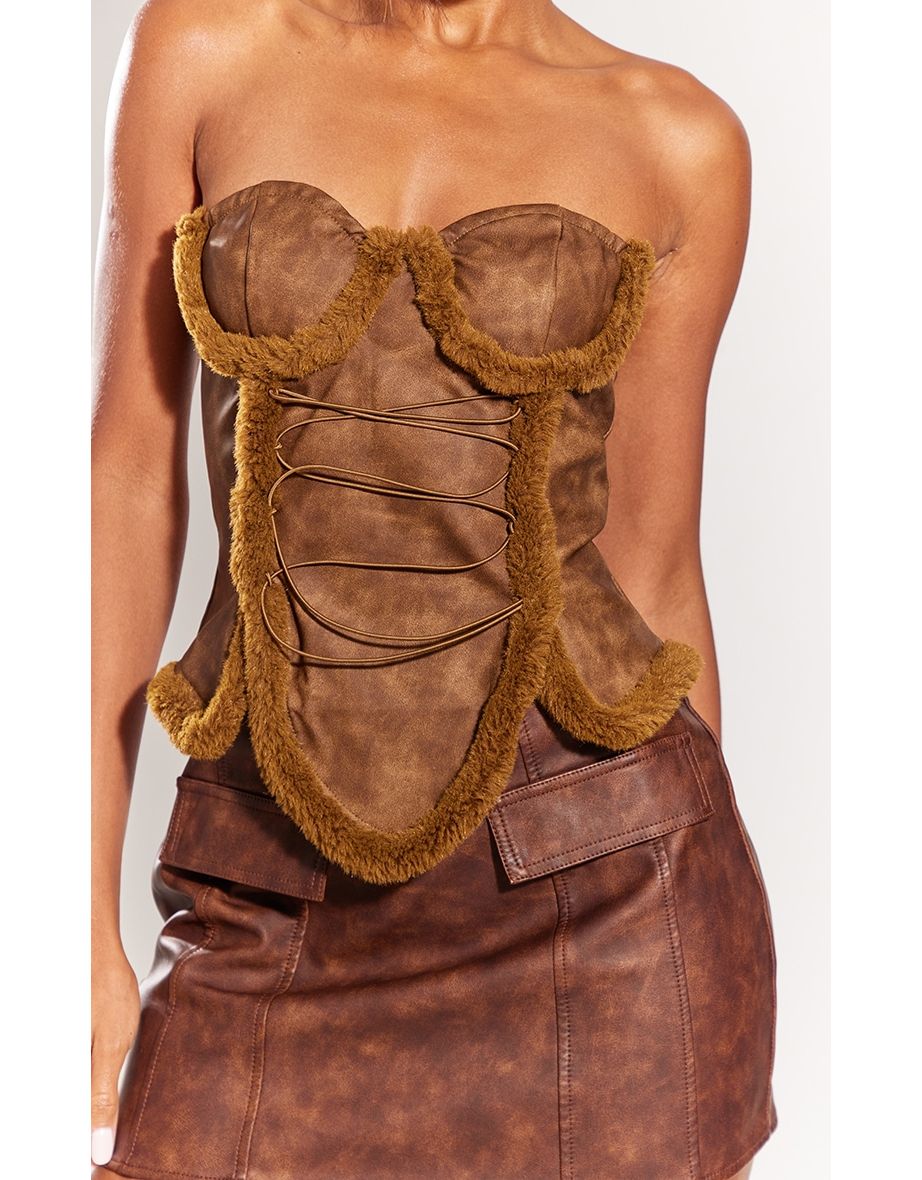 Brown Washed Faux Leather Lace Up Front Fur Trim Under Wire Crop Top - 3