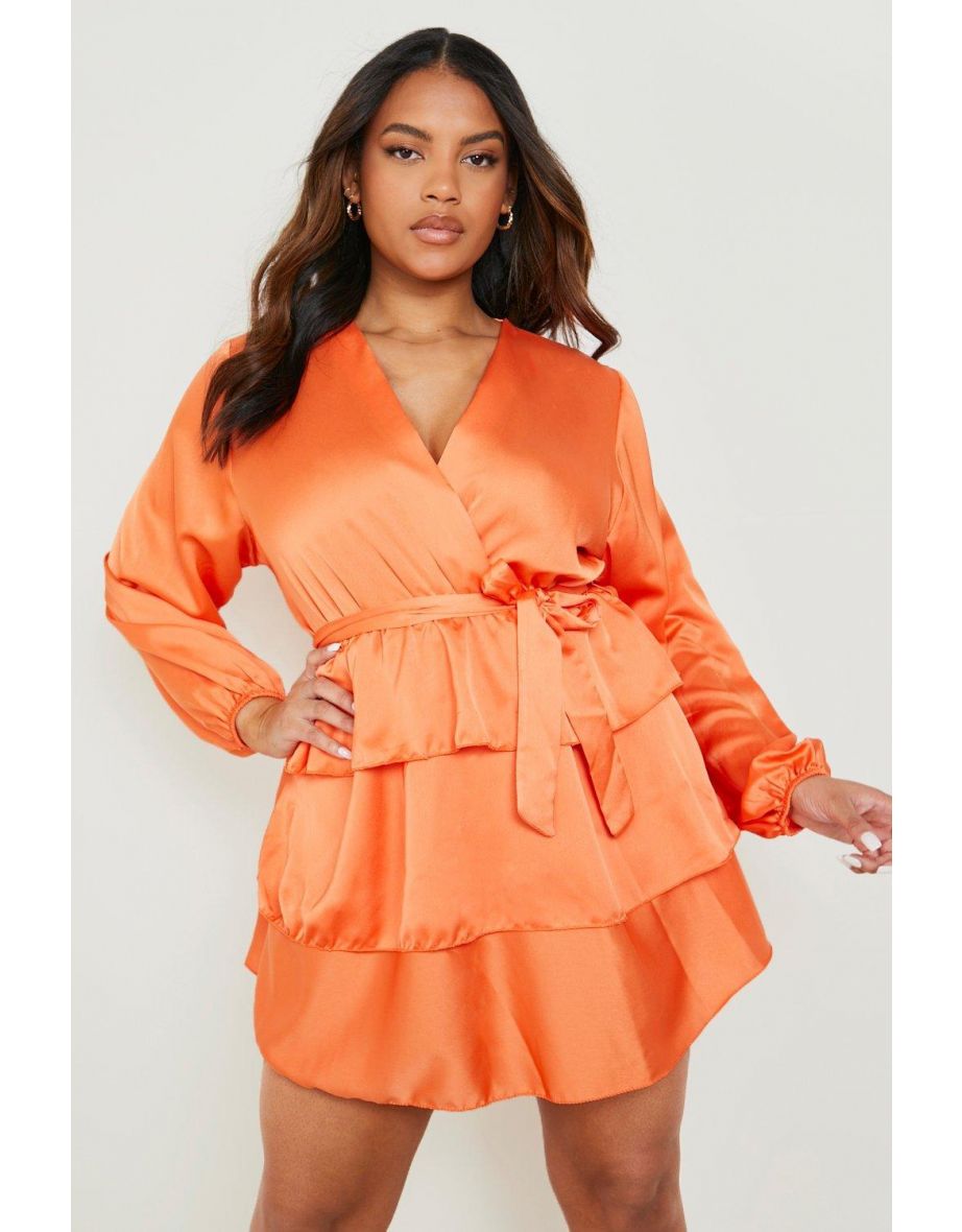 Plus Satin Ruffle Short Sleeve Skater Dress - orange - 3