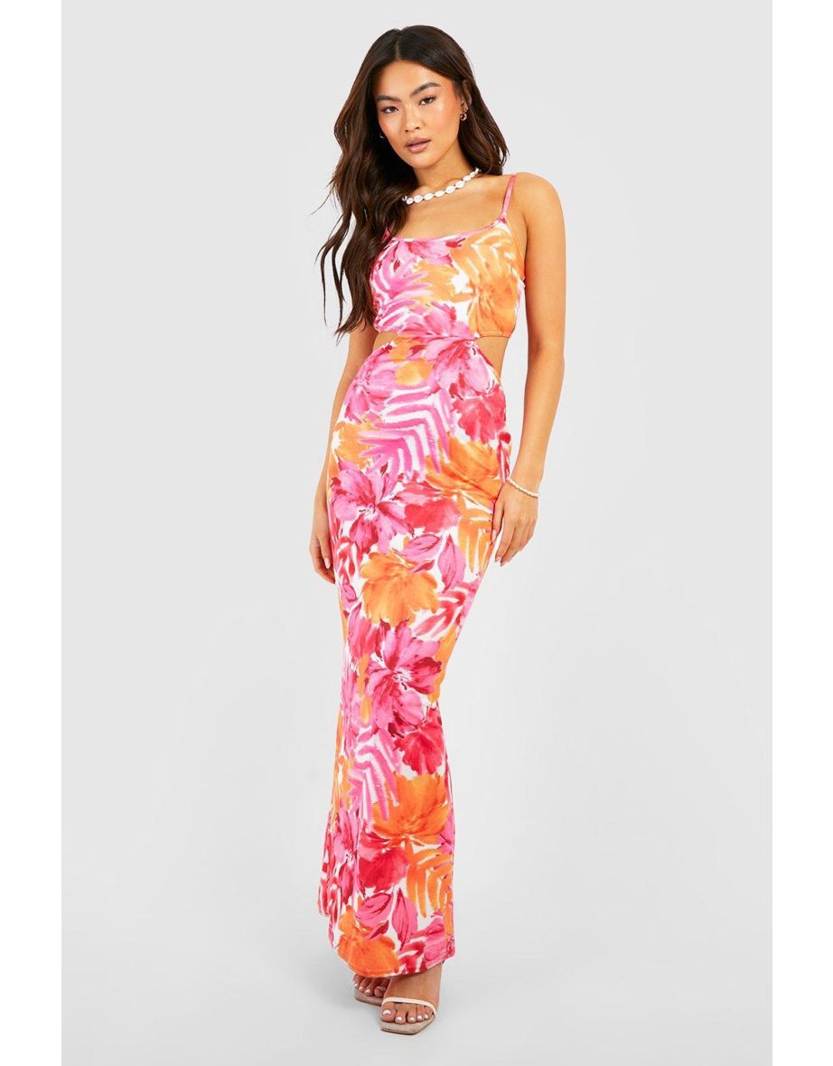 Floral Cut Out Strappy Maxi Dress - pink