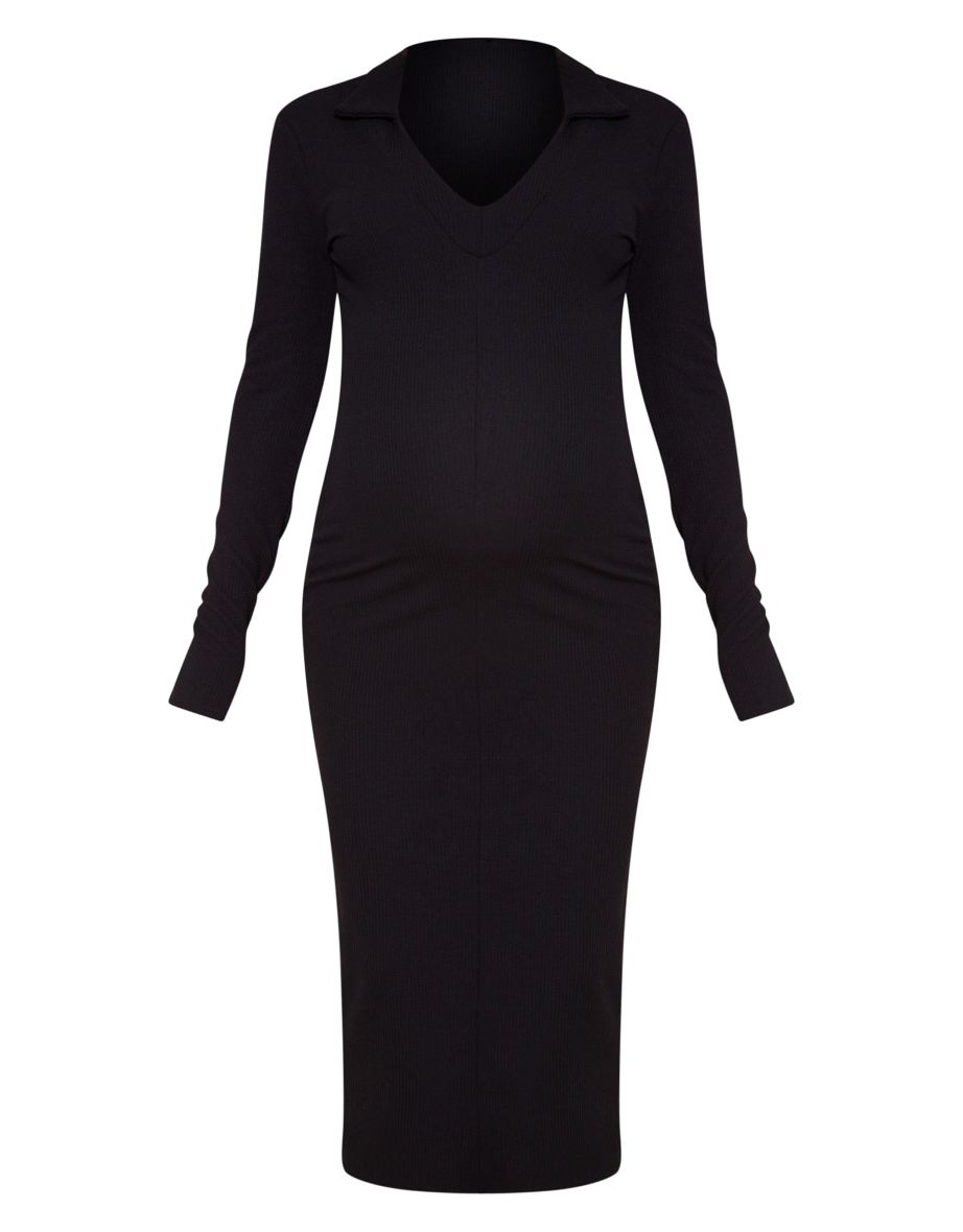 Maternity Black Crinkle Rib Plunge Midi Polo Dress - 4