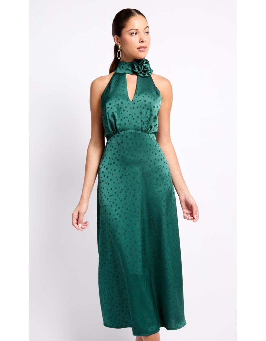 Green Satin Rosette Midaxi Dress - 3