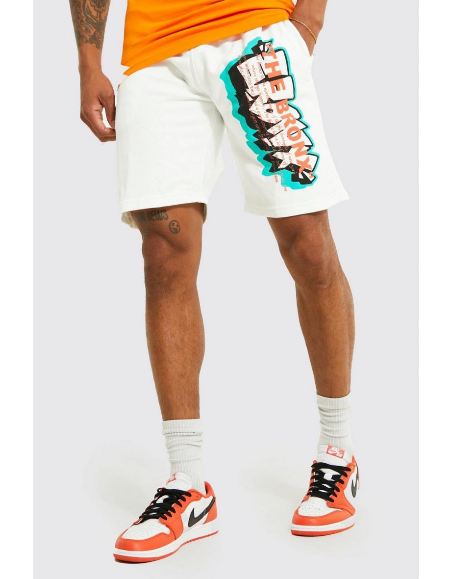 Slim Fit Graffiti Graphic Jersey Shorts - white