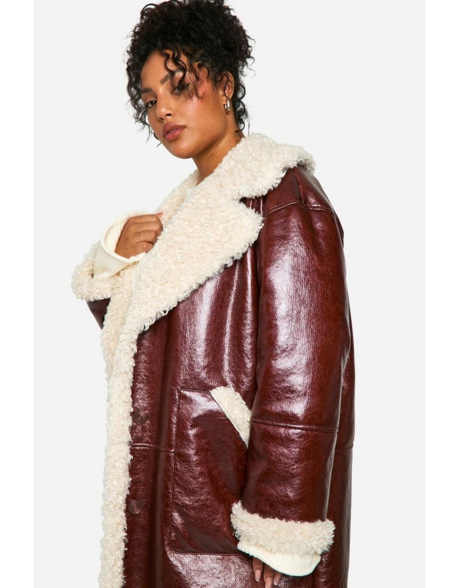 Plus Faux Leather Teddy Trim Longline Aviator Jacket - burgundy - 3