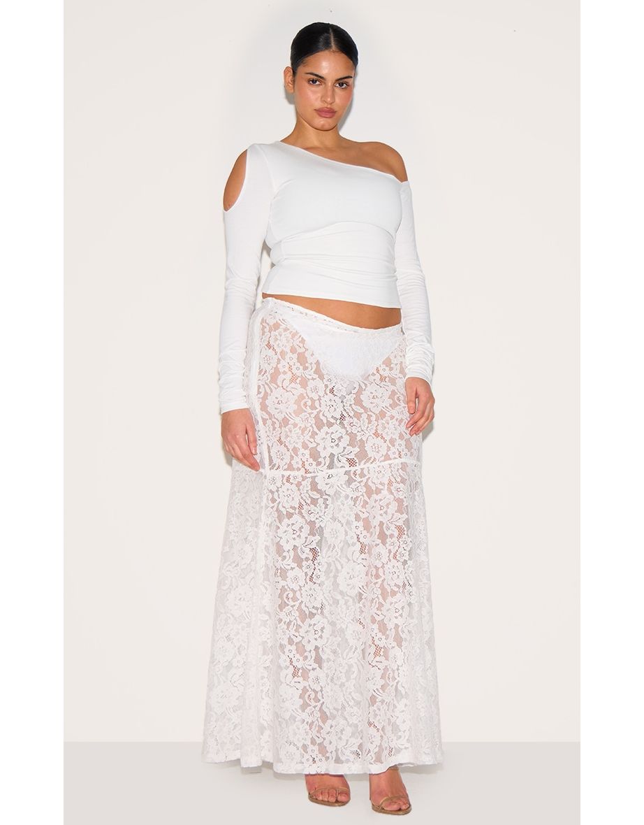 Plus White Floral Lace Sheer Maxi Skirt