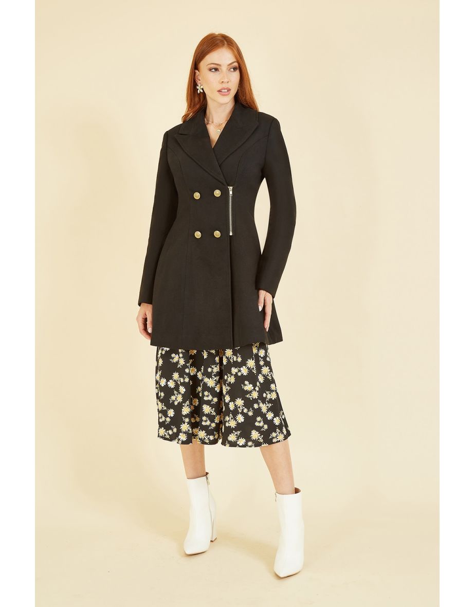 Yumi Black Military Coat With Zip Detail