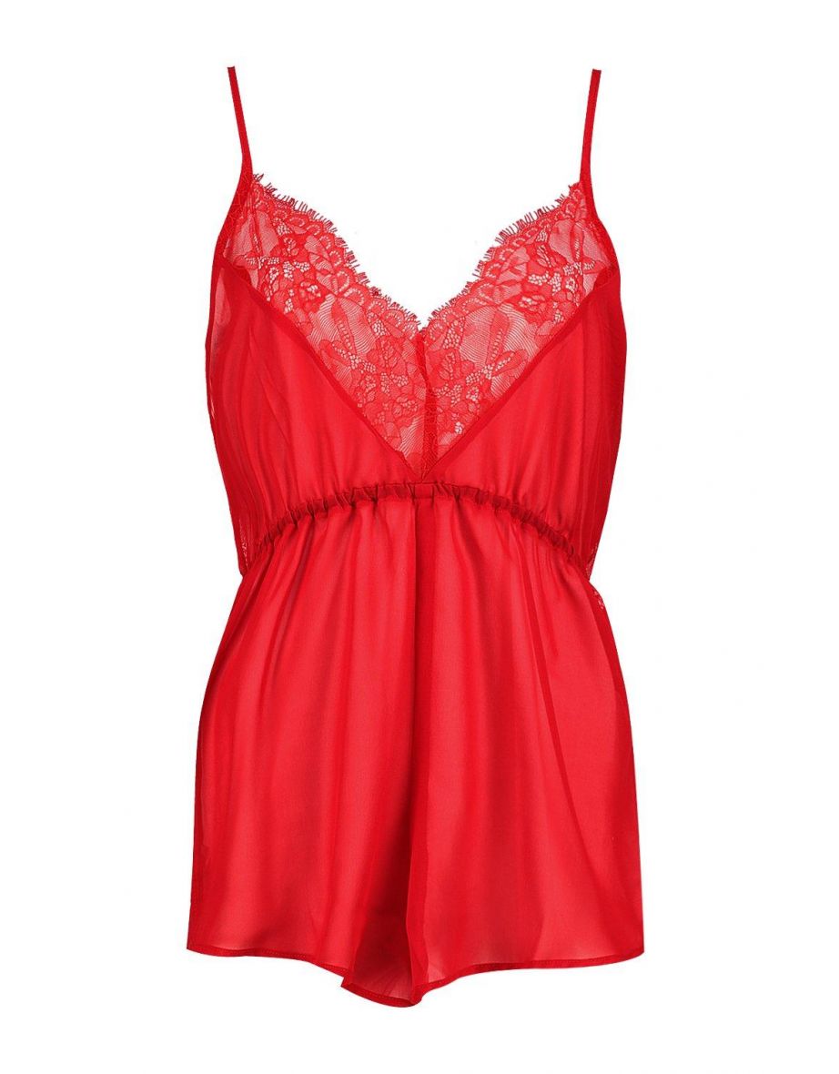 Grace Red Lace Trim Chiffon Teddy - red