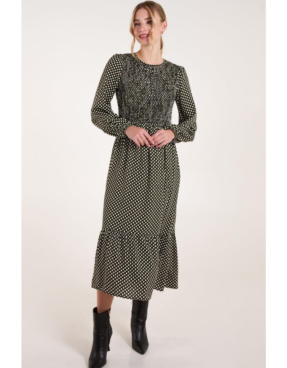 Polka Dot Shirred Cuff Sleeve Midi Dress