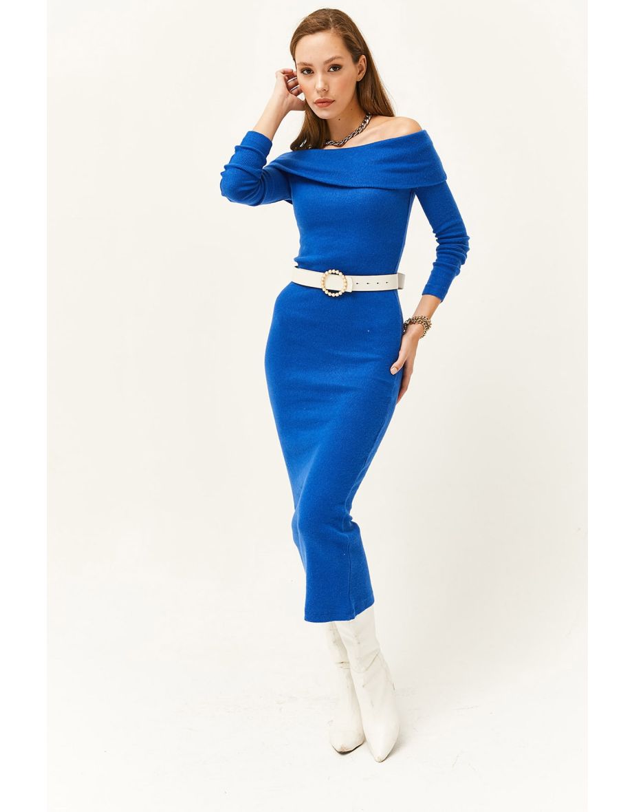 Women's Saxe Blue Madonna Collar Lycra Long Dress