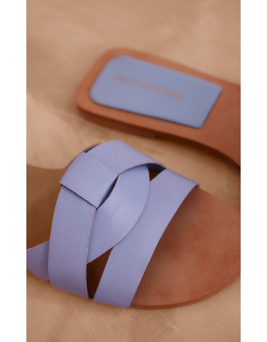 Real Leather Baby Blue Round Toe Strap Mule Flat Sandals - 3