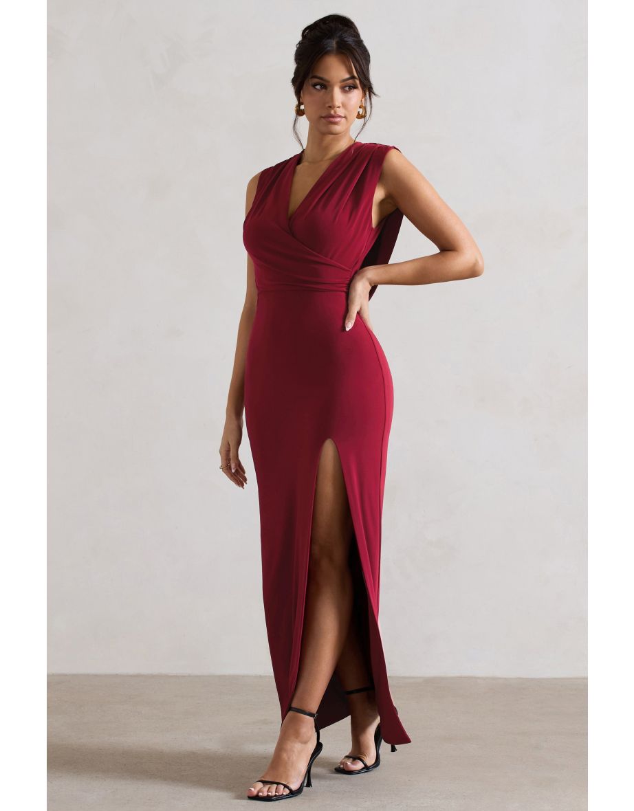 Honour | Berry V-Neck Split Maxi Dress With Cowl-Back - 4