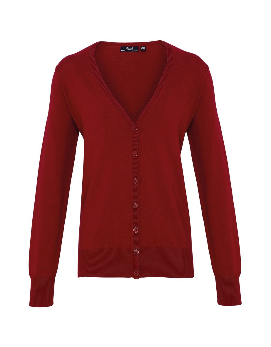 Premier Womens/Ladies Button Through Long Sleeve V-neck Knitted Cardigan - Burgundy
