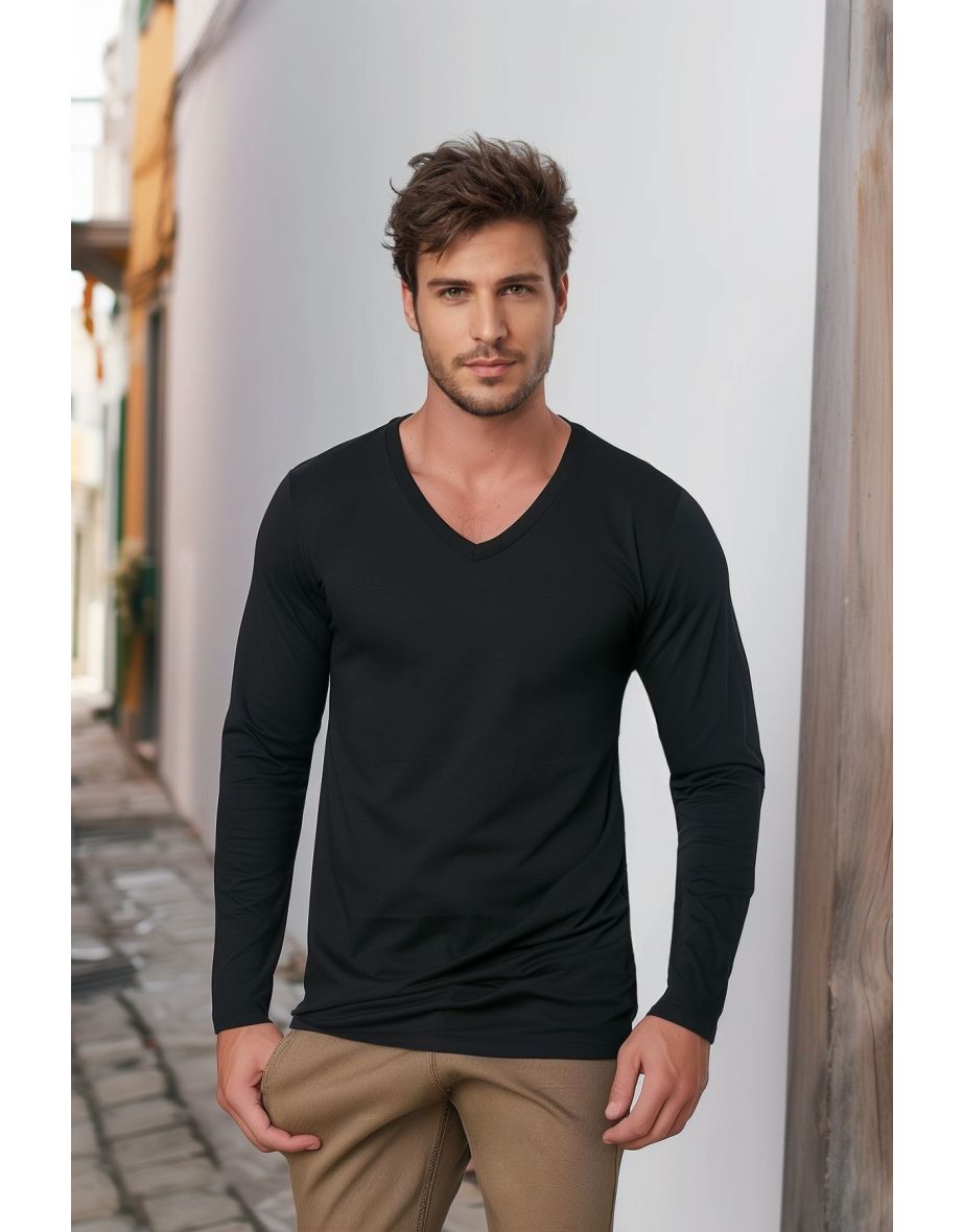 Black Slim/Tight Fit V-Neck 100% Cotton Basic T-shirt