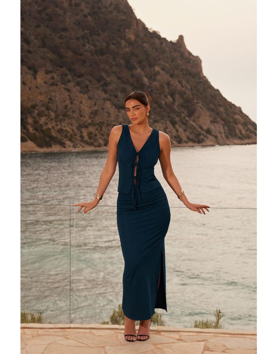 Teal Ruched Maxi Skirt