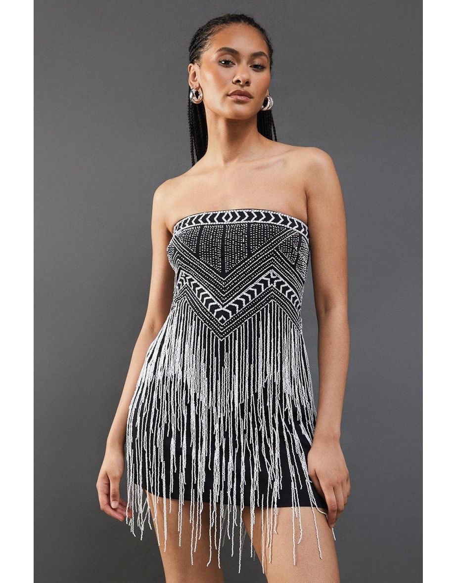Premium Bead Fringe Embellished Bandeau Mini Dress