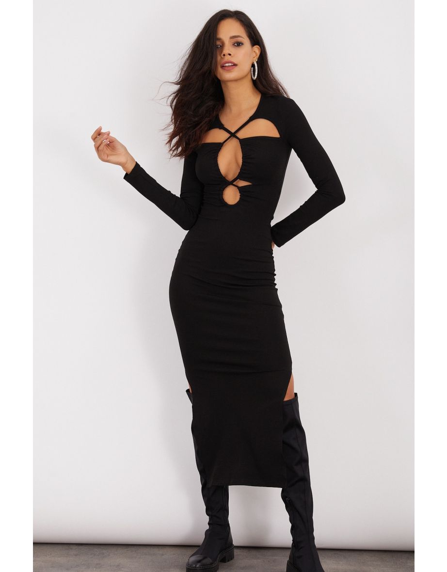 Women's Black Double Slit Midi Dress