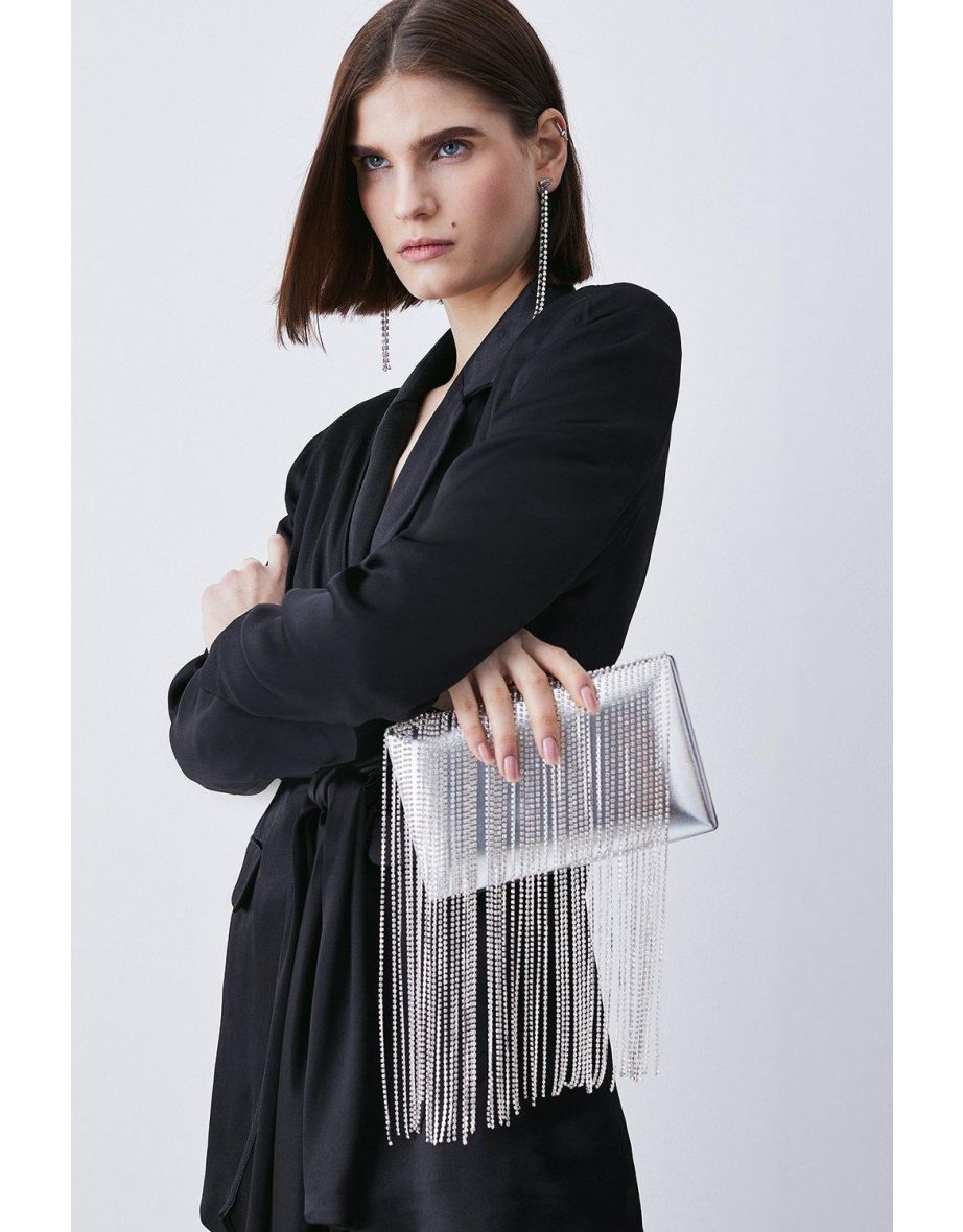 Metallic Diamante Dangle Detail Clutch Bag