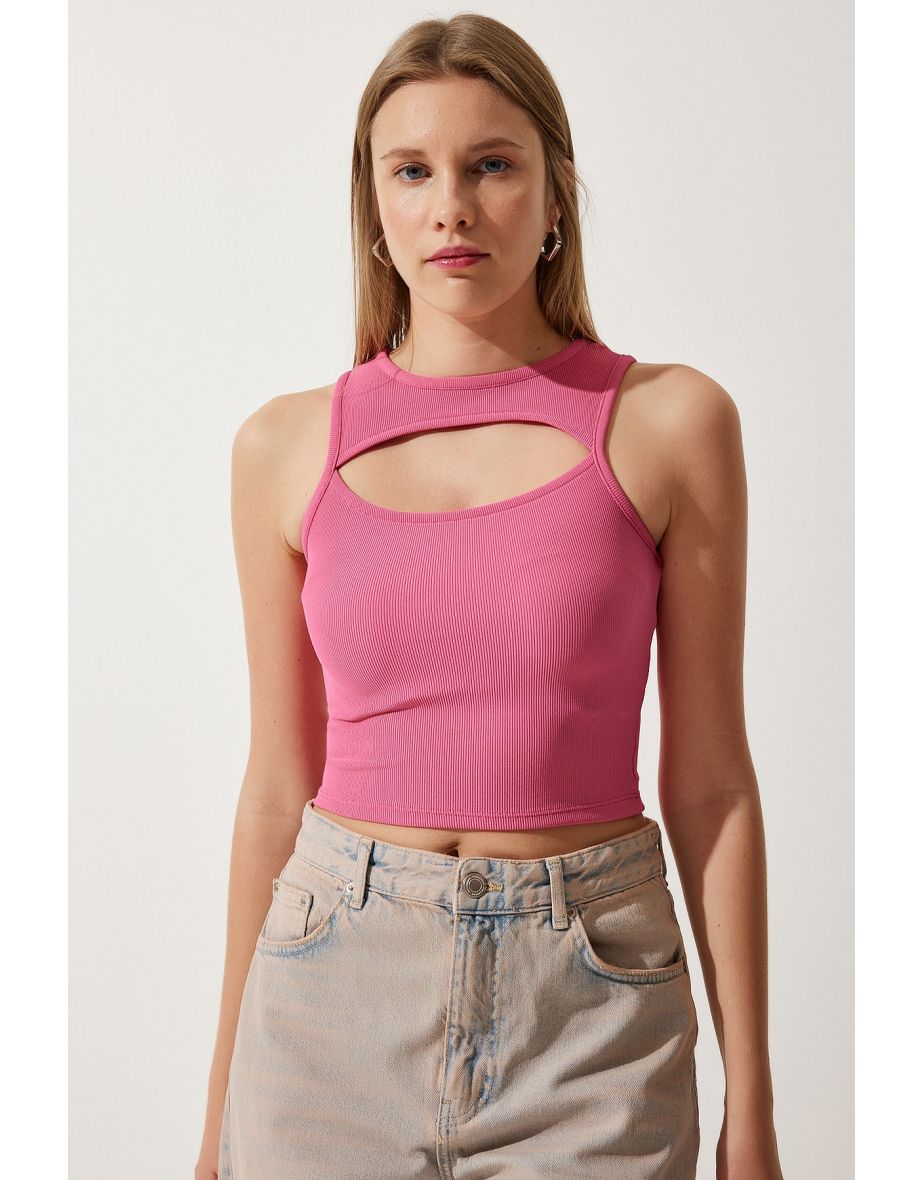 Women's Pink Cut Out Detailed Corded Crop Knitted Blouse