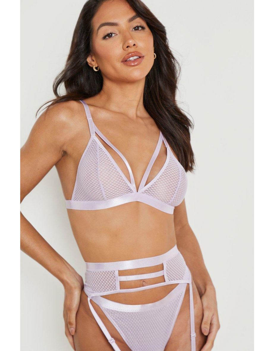 Mesh Strapping Bralet Thong and Suspender Set - lilac - 3