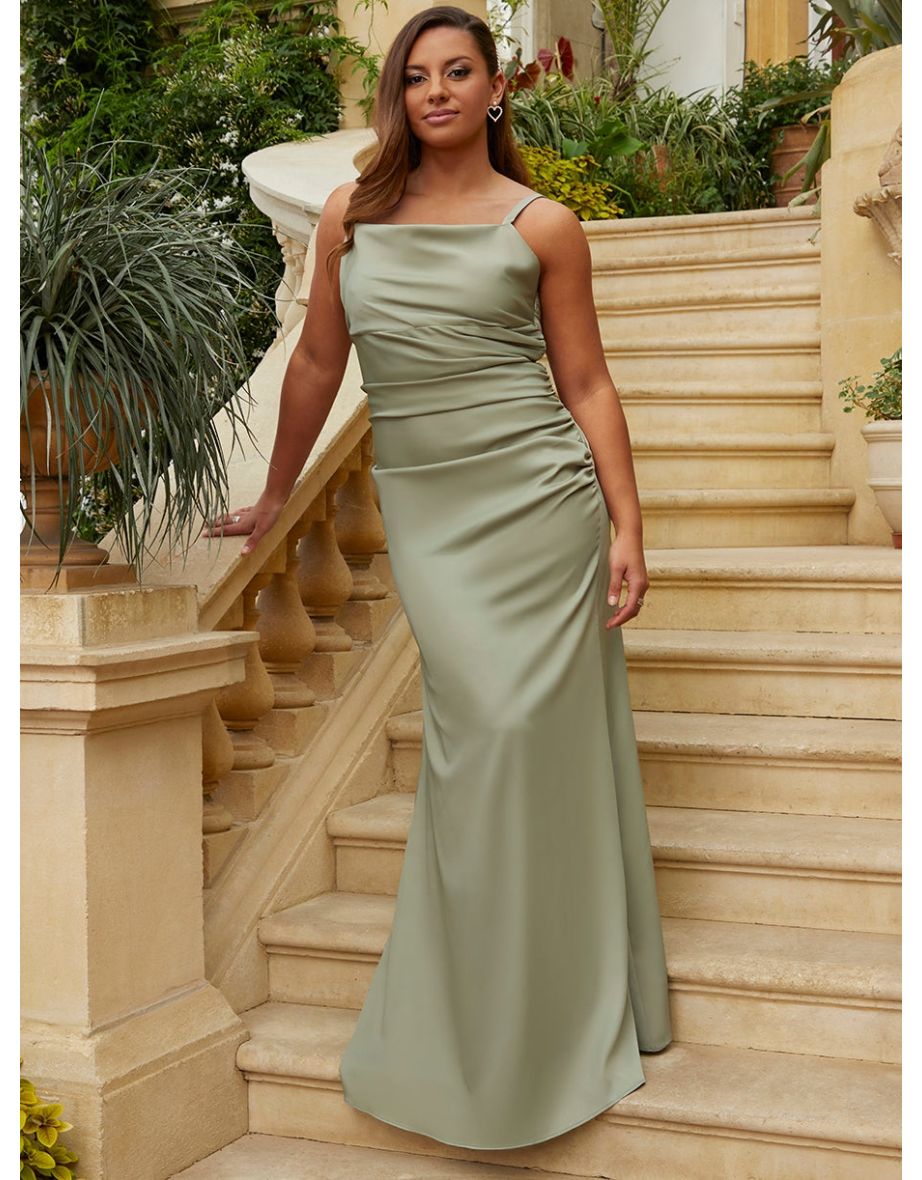 Shop Plus Size Satin Ruched Maxi Dress in Sage Online in Bahrain VogaCloset