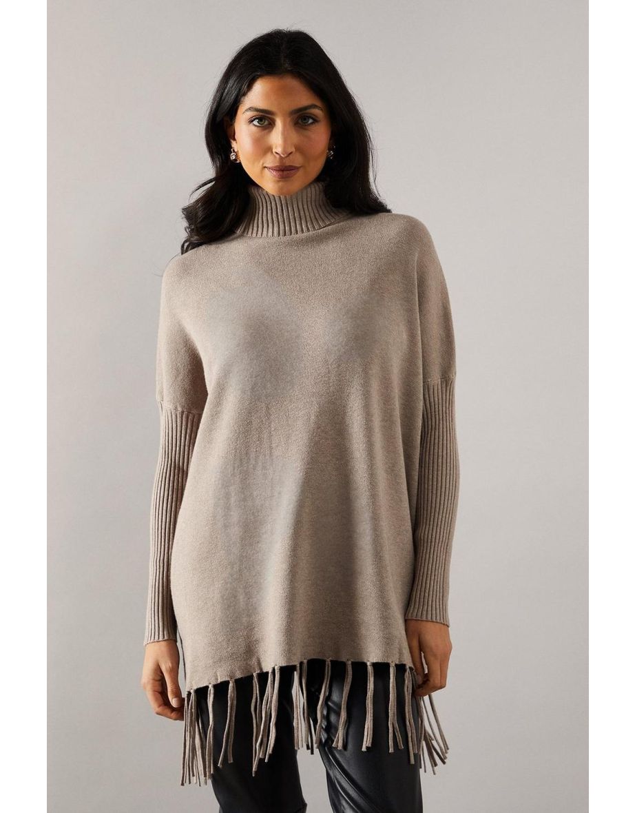 Fringed Hem Roll Neck Poncho