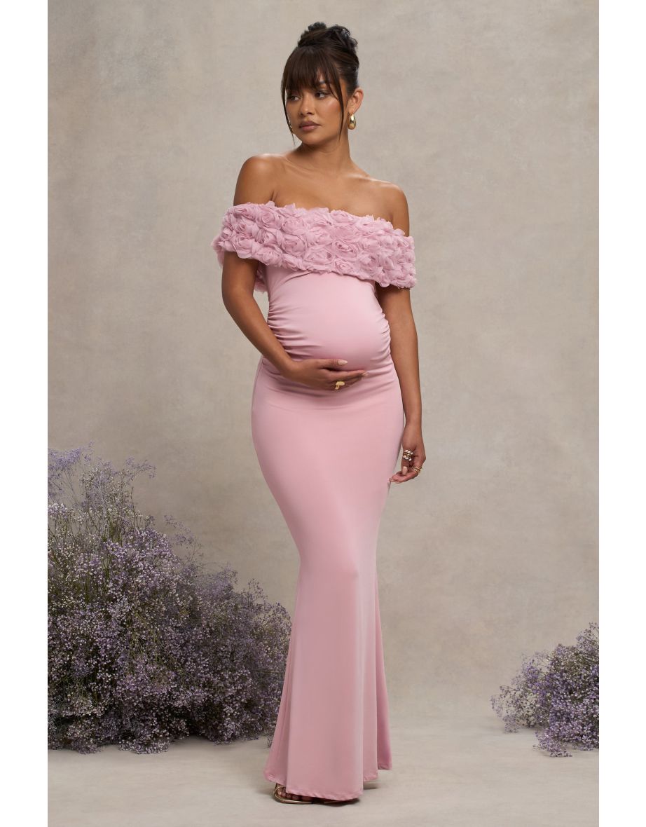 Inflorescence | Blush Pink Mesh Floral Bardot Maternity Maxi Dress