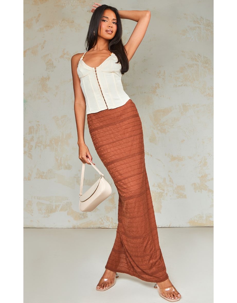 Shop Chocolate Sheer Textured Split Back Maxi Skirt Online in Oman VogaCloset