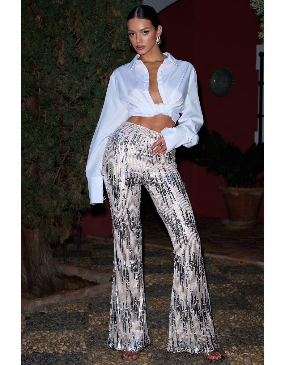 Dropping Hints | Silver Sequin Fit And Flare Trouser