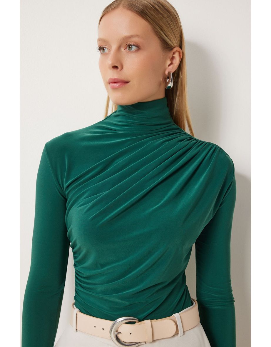 Women's Emerald Green Gather Detailed Stand Collar Sandy Top
